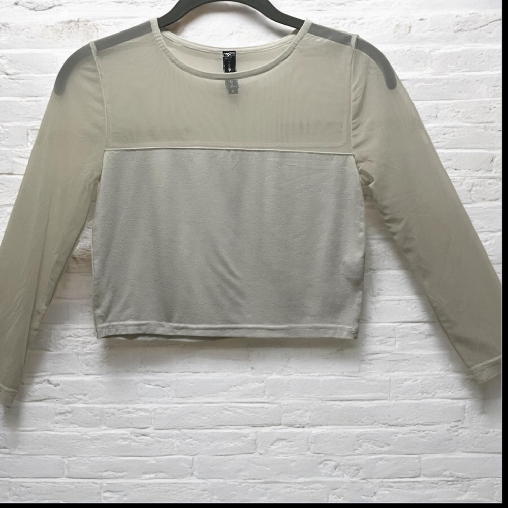 Poof Couture Mesh Panel Long Sleeve Crop Top - Cream